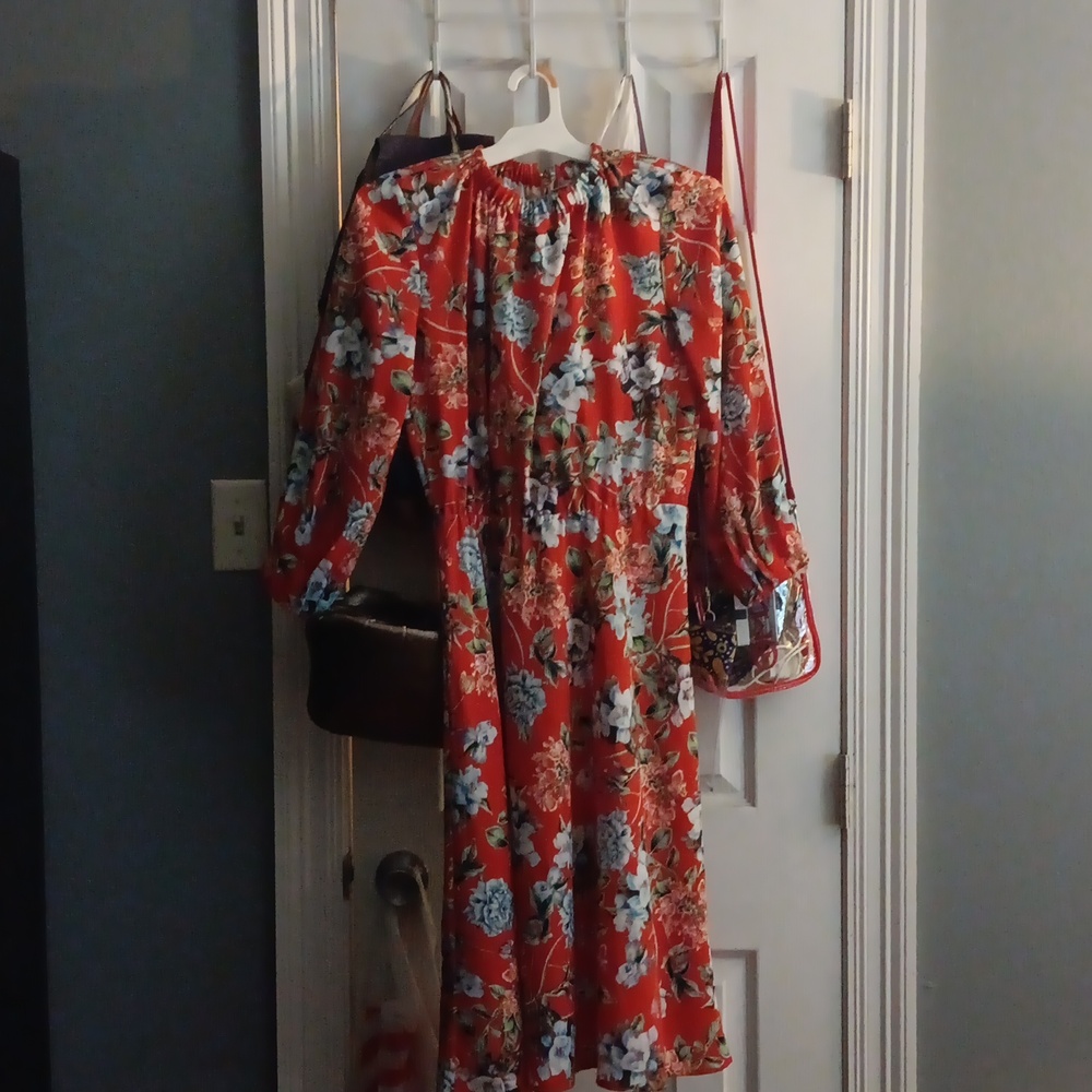 H&M Red Floral Crepe Midi Dress Spring Summer Flowers